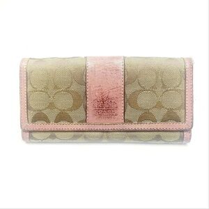 Coach Beige Signature Continental Wallet with Pink Trim